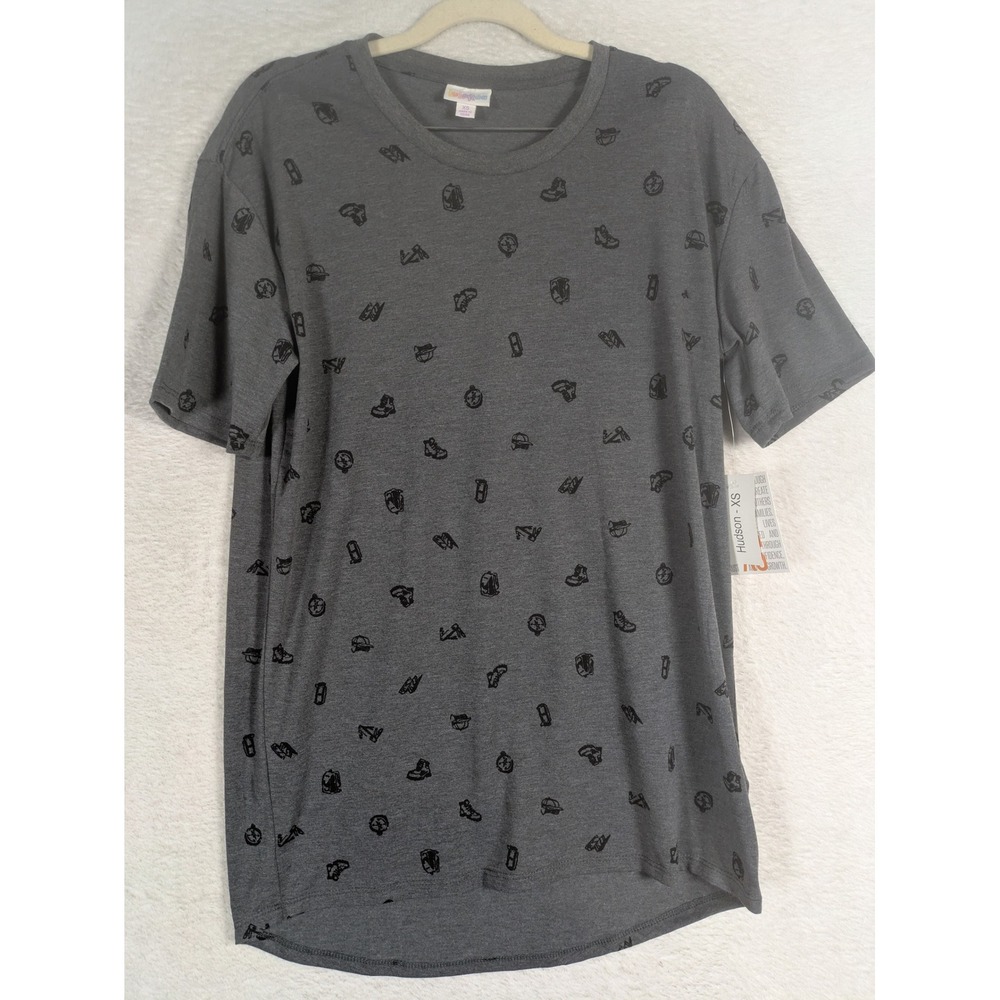 NEW LuLaRoe Hudson Tee Women's XS Gray Camping Hiking Icon Print